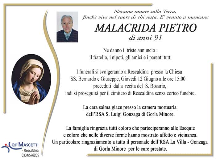Malacrida Pietro di anni 91