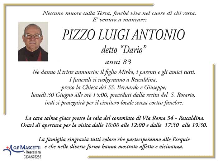 Pizzo Luigi Antonio di anni 83