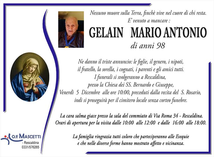 Gelain Mario Antonio di anni 98
