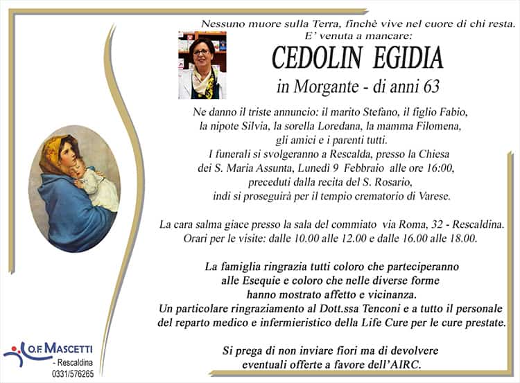 Cedolin Egidia di anni 63