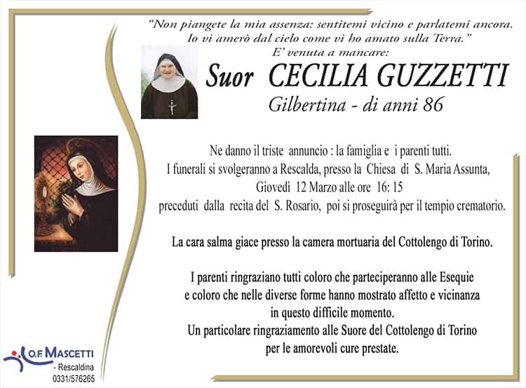 Suor Guzzetti Cecilia di anni 86