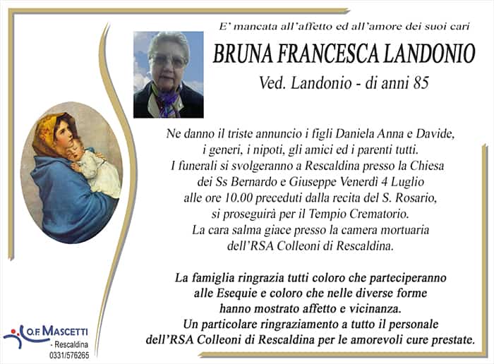 Landonio Bruna Francesca di anni 85