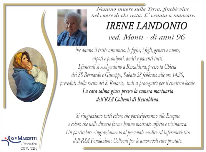 Landonio Irene Virginia di anni 96