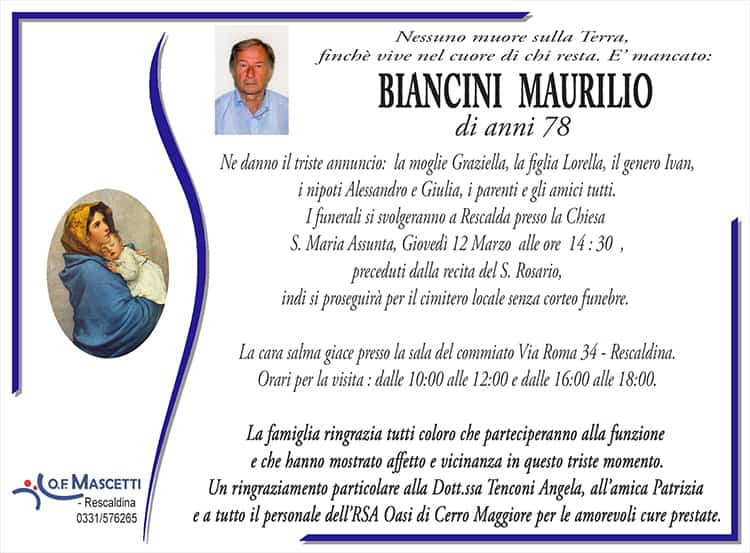Biancini Maurilio di anni 78